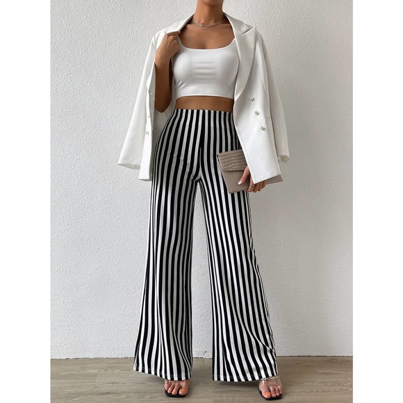 High Waisted Vertical Striped Flare Leg Pants minimalist black white - Picture 3 of 7